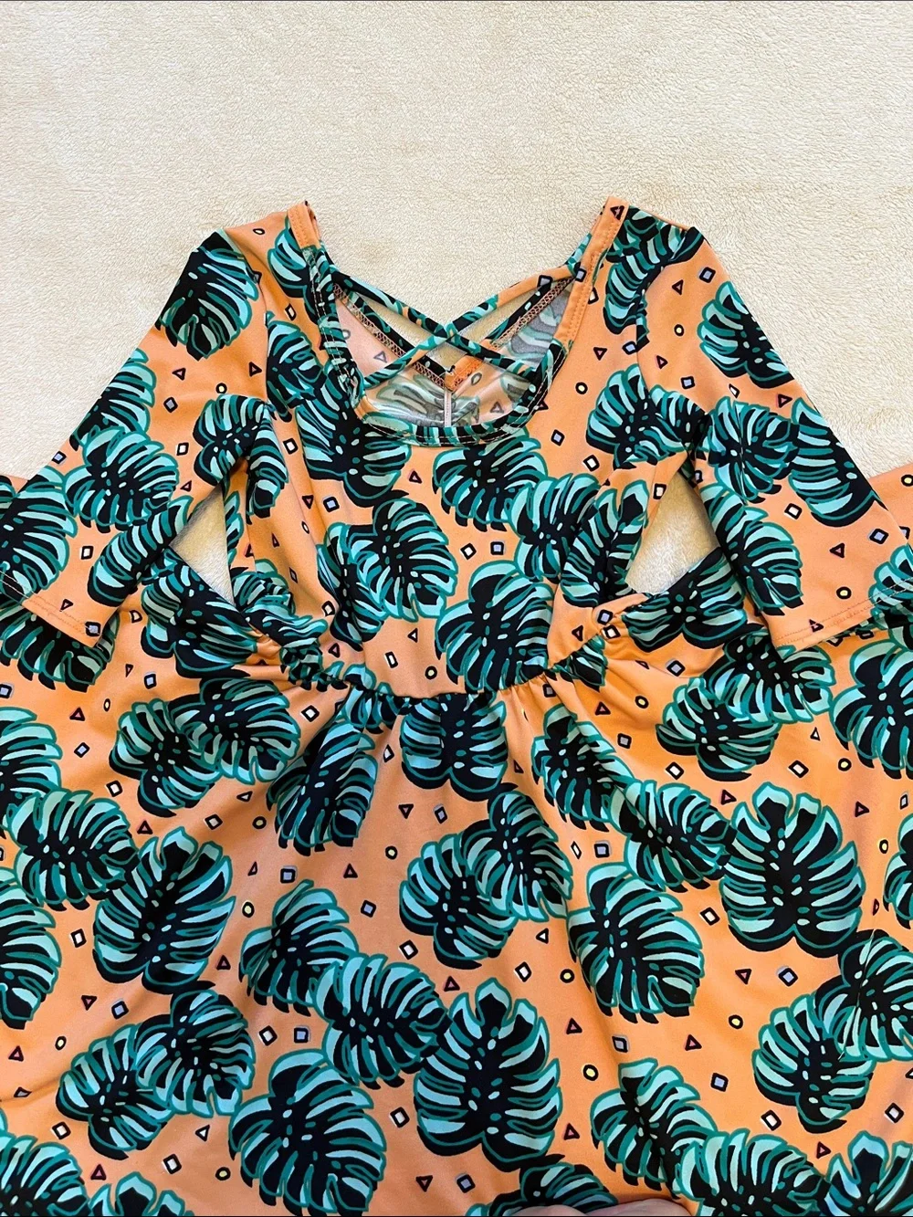 Dot Dot Smile | Little Girls Peach Monstera Leaf Dress 3/4